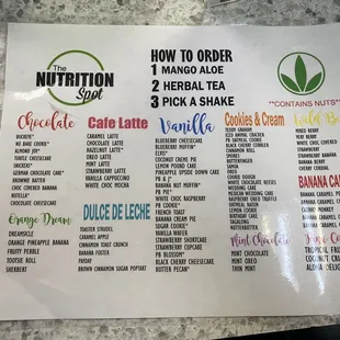 a menu for a variety of foods