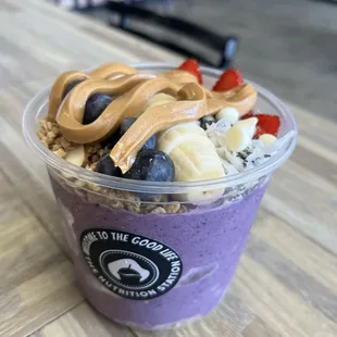 Açaí bowl with peanut butter and chia seeds