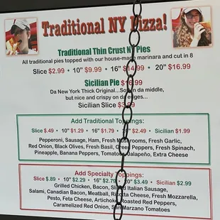 a menu for traditional ny pizza
