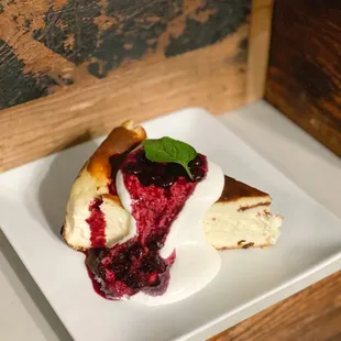 Basque cheesecake with creme fraiche and fresh blueberry compote