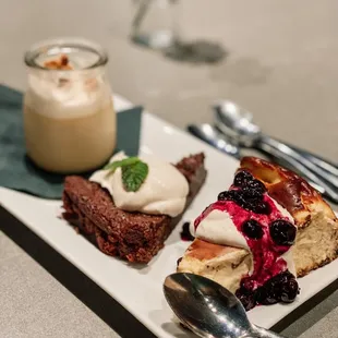 Basque cheesecake with blueberry compote, Fourless chocolate, Butterscotch pot de creme