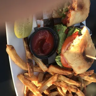 Falafel sliders with fries.