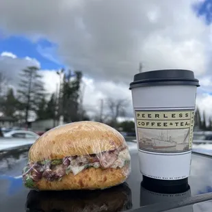 16oz Latte and turkey, bacon, avocado sandwiche