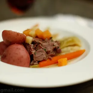 New England Menu | March 16-18 2011 | New England Boiled Dinner with Corned Beef, potatoes &amp; root vegetables
