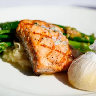 New American Steakhouse Menu | Grilled Salmon Fillet on a bed of Broccolini with Meyer Lemon &amp; Almonds | 10-15-2010