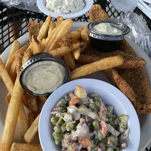 Fried Walleye, fries and Pea Salad