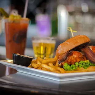 Chicken Strip Melt sandwich with bacon and a Bloody Mary!
