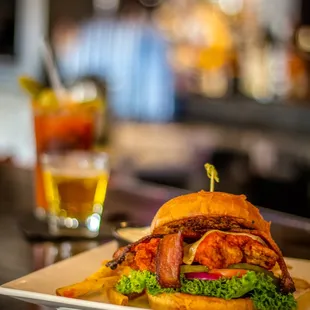 Chicken Strip Melt sandwich with bacon and a Bloody Mary!