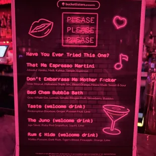 Please Please Please Bar Drinks Menu (Sabrina carpenter pop-up)