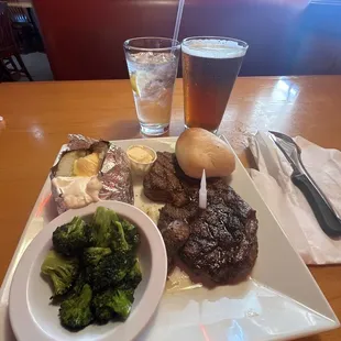 Ribeye, baked potato, broccoli, and Yuengling on tap