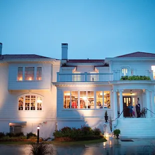 the front of the house at night