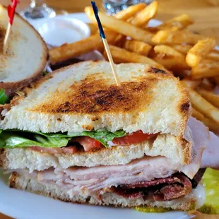 Delicious turkey club with fresh, crisp fries