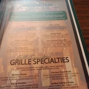 Evening menu