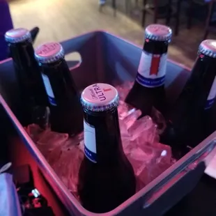 six bottles of beer in a cooler