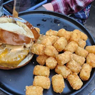 Pretzel burger and tots