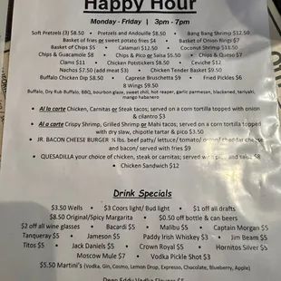 Happy hour menu July 2022