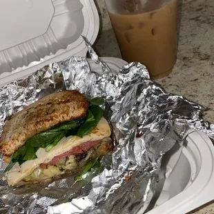 BYO Sandwich: Turkey, salami, provolone, spinach, artichoke, hot pickles. Iced coffee w/ sugar free white chocolate. (Both 10/10)