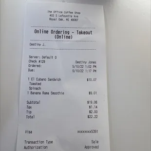 Online order receipt