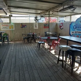 a patio with tables and stools