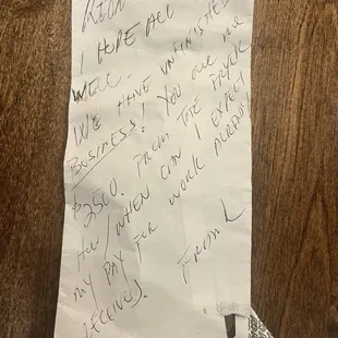 A VERY non threatening note to business owner who owes my money