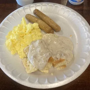 Hearty /tasty breakfast of sausage links, scrambled eggs &amp; biscuits covered w/ SOS( creamed sausage sauce; if you know, you know )!!