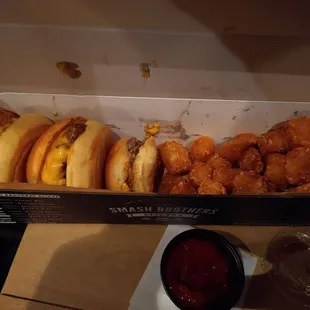 Classic Smash Burger trio with tots from Smash Brothers