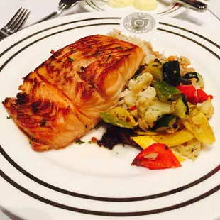 Grilled, maple-bourbon salmon w. squash, zucchini, tarragon rice.