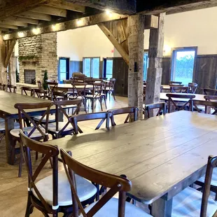 Wood farmhouse tables and wood cross back chairs