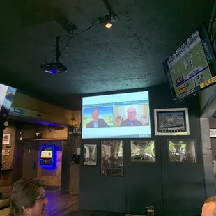 a man watching television in a pub