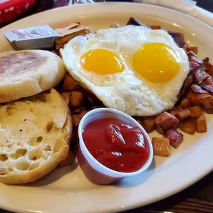 Meat lovers hash w/ English muffin