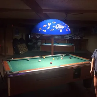 a man standing next to a pool table