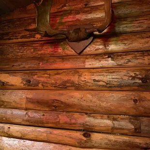 There is a carved face on a log in the back room below the antlers