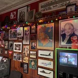 a wall full of memorabilia