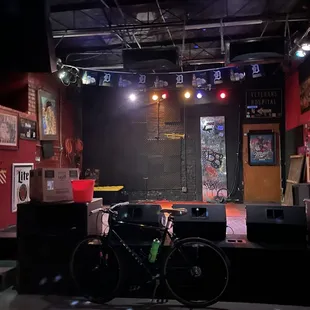 a bicycle parked in a garage