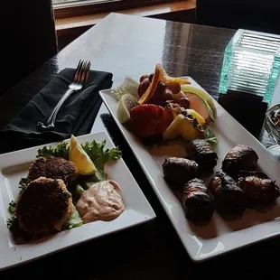 Stuffed dates and crab cakes