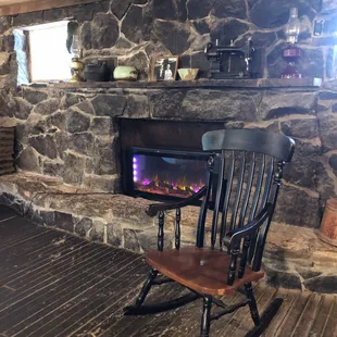 Cozy fireplace going when it's 90 degrees outside