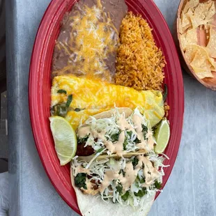 Chili rellenos with beef tacos