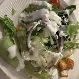 Tossed salad with one tiny cherry tomato