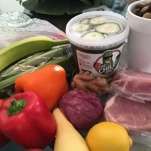 center cut chops, boiled peanuts, dills, veggies