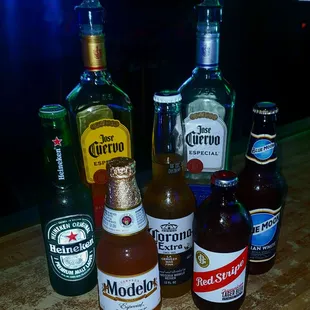 a variety of alcohol bottles