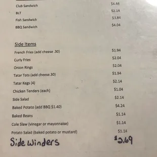 the prices of the menu