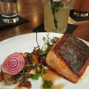 Perfectly cooked Ora Salmon. Blood orange honey nicely complements the salmon.