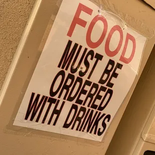 Patio open in back. Must order food with your drink.