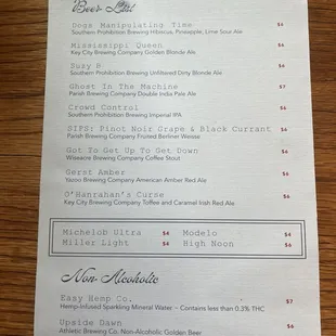 Beer menu