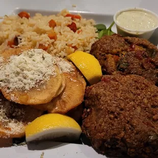 Pecan Crab cakes!! And Greek Fries!!