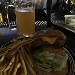 burger, beer, fries . Nice      Was really good.
