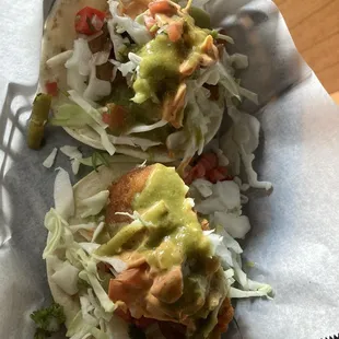 One shrimp, taco, one fish perfectly fried