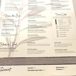 Menu: From the Sea, Fresh Catch, Steak &amp; Veal, Side items, Dessert