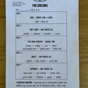 Updated Poke bowl menu, $13.99 per bowl