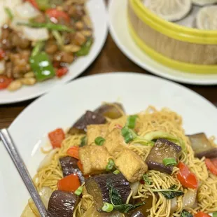 Eggplant and tofu over noodles